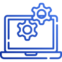icon graphic laptop with settings cog icons floating in front of screen symbolizing computer repair