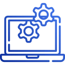 icon graphic laptop with settings cog icons floating in front of screen symbolizing computer repair