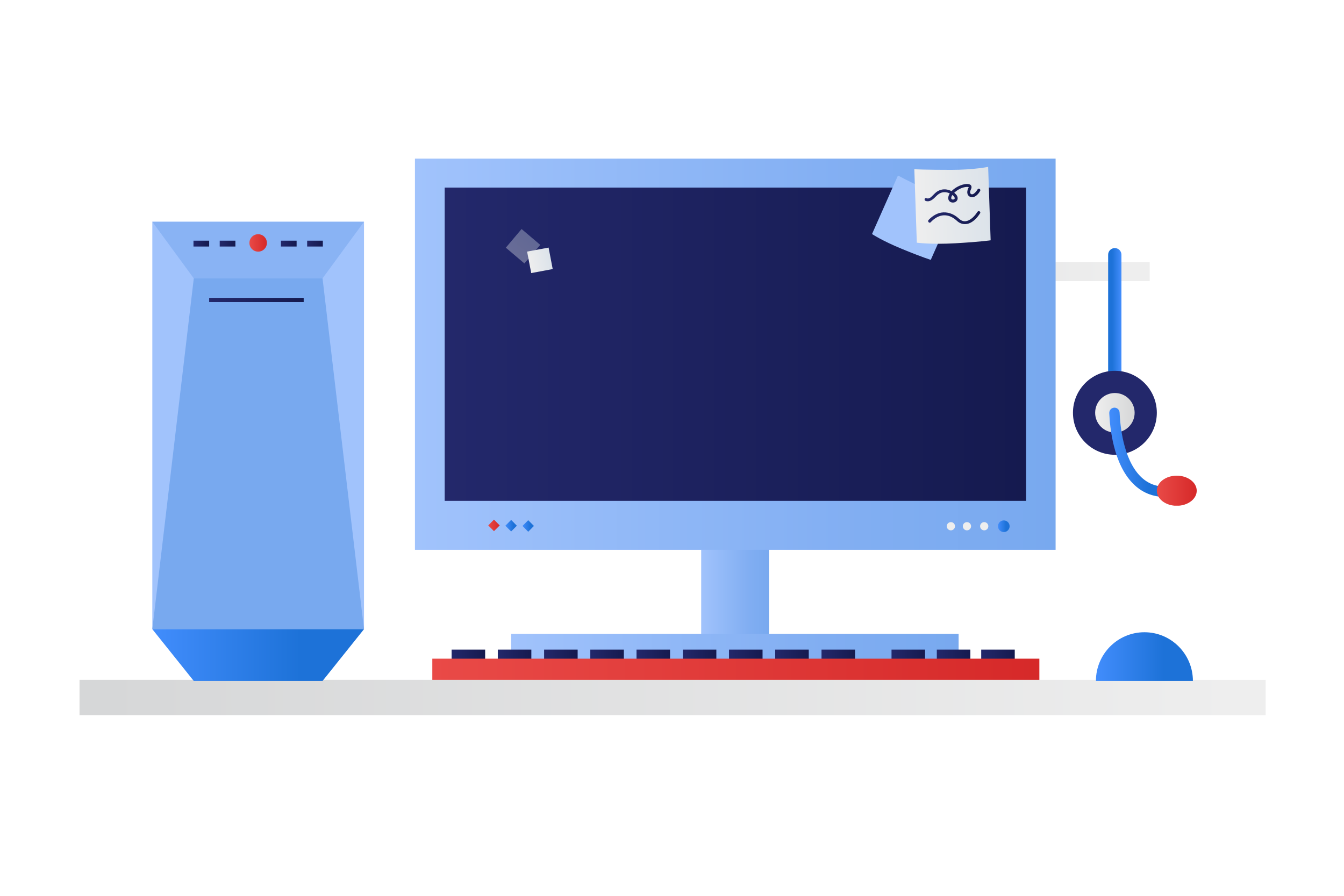 cartoon graphic of a compute monitor on a desktop with the tower to left of it and the mouse keyboard and headset mic in front of it.