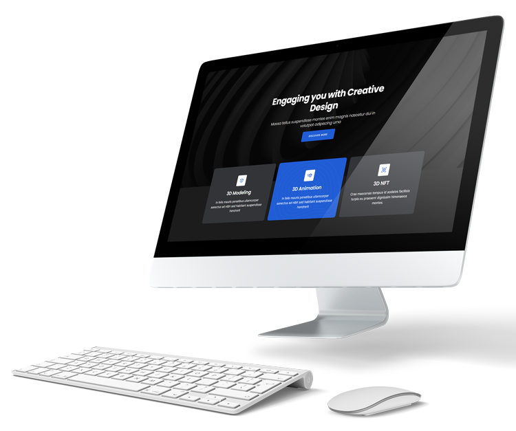 graphic render image of an imac desktop computer with the mouse and keyboard in front of it